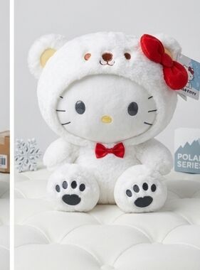 Sanrio Hello Kitty Plush in White Bear Costume with Red Bow and Red Bowtie